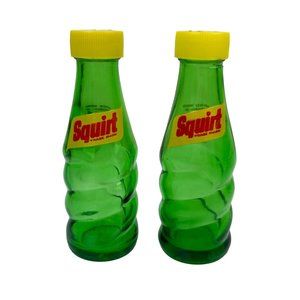 Vintage SQUIRT Soda Green Glass Bottle Salt & Pepper Shakers, Yellow Lid Mexico